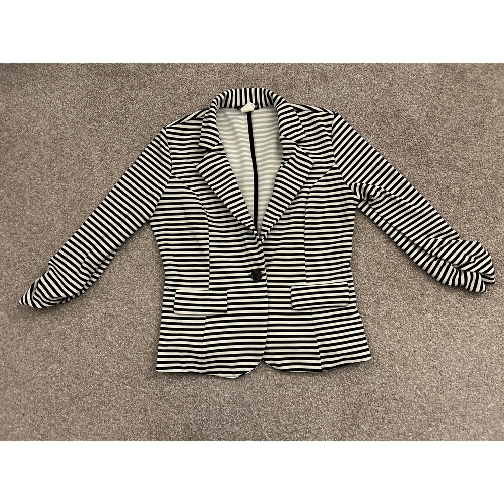 Wearever Blazer Womens Medium Black White Striped Good Ruched Sleeve Stretch
